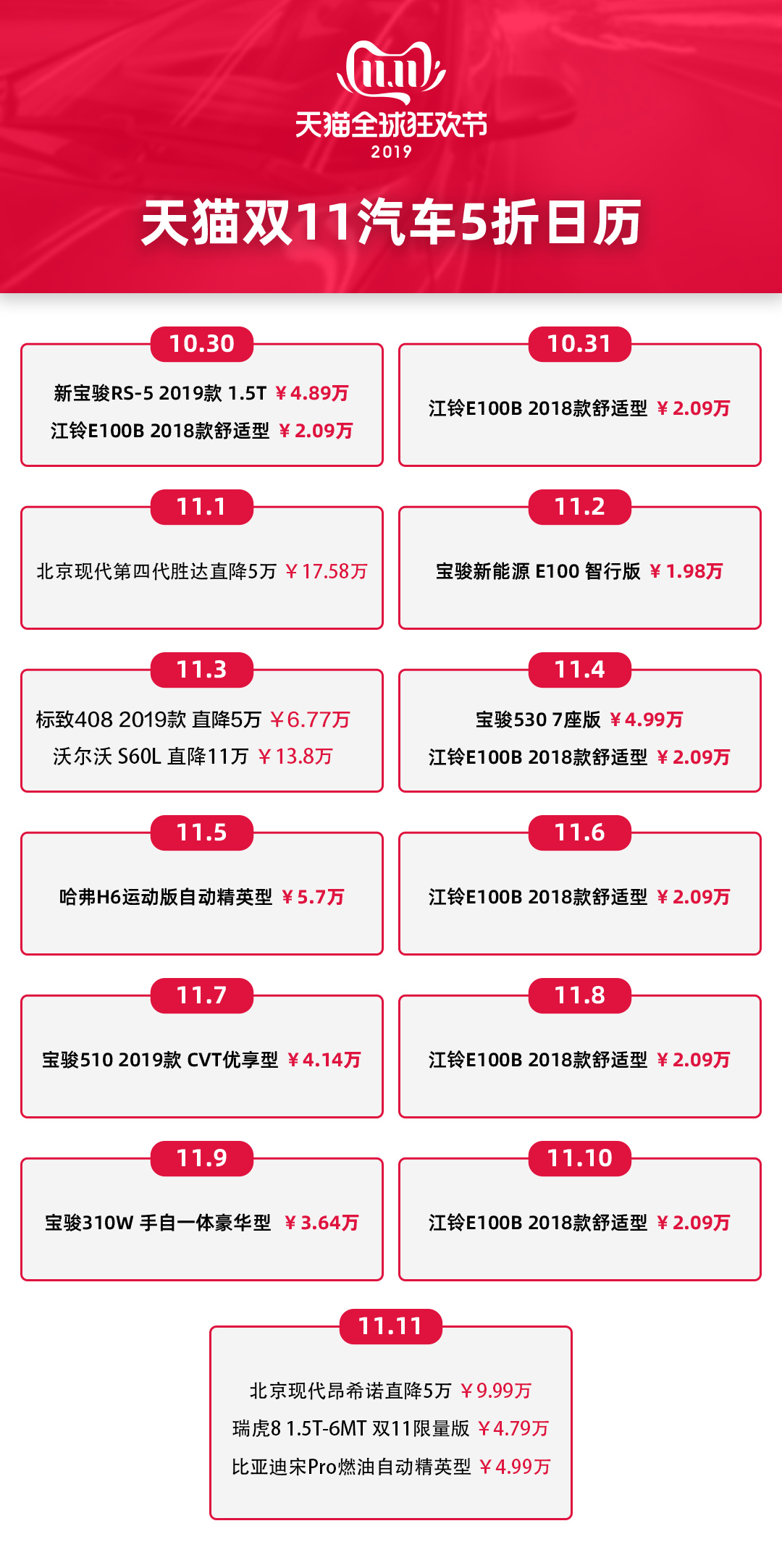 天猫双11将限量半价销售汽车 并开启直播卖车模式