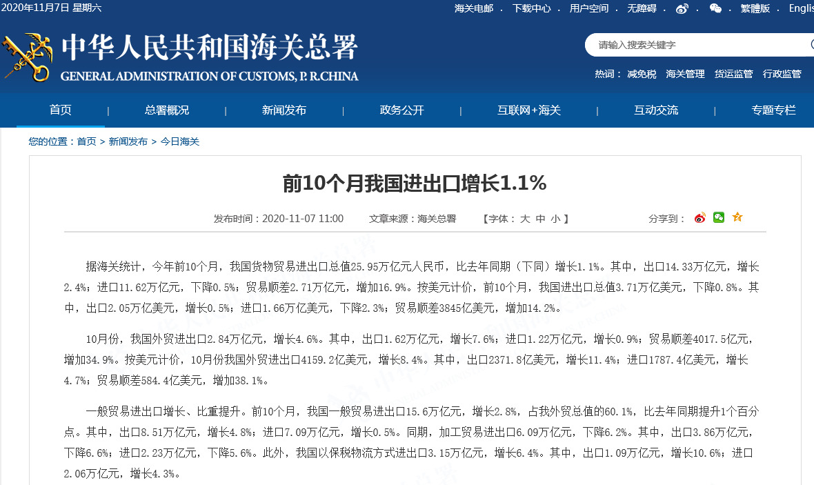 海关总署:前10个月我国货物贸易进出口总值同比增1.1%